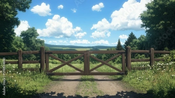 Fototapeta Wooden gate opens to scenic rural landscape with lush green fields, trees, and distant mountains under a bright sunny sky.