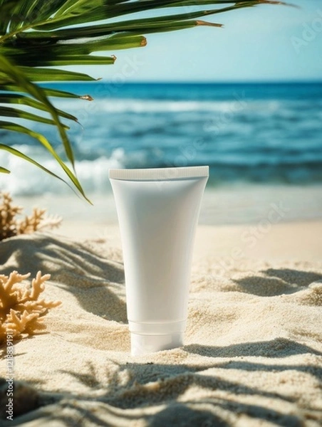 Obraz The white sunscreen tube is placed on the beach, with sand and sea in the background. The coral reef nearby adds some color to it.
