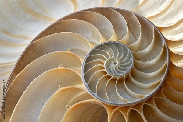 Fototapeta Intricate Nautilus Shell: A mesmerizing spiral of creamy chambers, revealing nature's geometry and elegance.