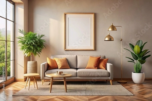 Fototapeta Customizable Vertical Poster Frame Mockup by Couch - Interior Design Stock Photo