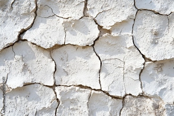 Fototapeta Cracked white wall in sunlight showcasing patterns of texture and wear over time