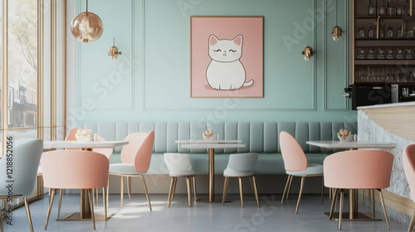 Fototapeta Pastel Cat Cafe Interior: A charming cafe interior design featuring pastel pink and mint green walls, comfortable seating, and a cute cat print adding a touch of whimsy.