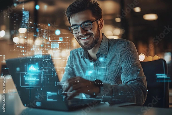 Obraz Profile of a young man with eye glasses, focused on digital code lines on a monitor screen. Software Developer Working on Innovative e-Commerce App using AI, Big Data