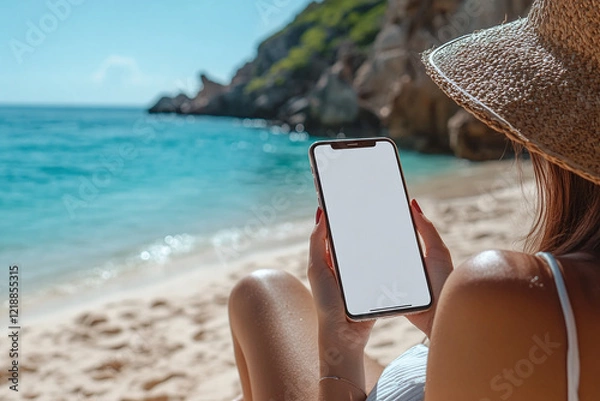 Obraz Mockup image of a woman holding and using mobile phone with isolated blank desktop screen white sitting on the beach	
