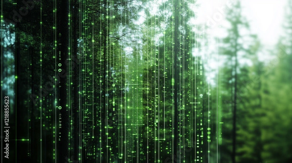 Obraz Green technological background with trees and digital holograms. Concept of combining technology and nature
