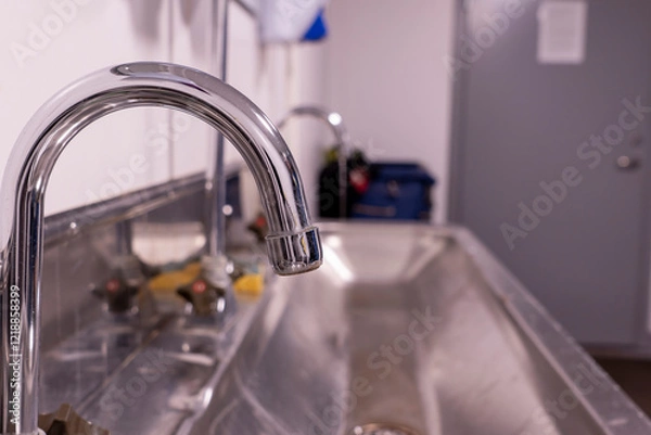 Obraz The sink is made of stainless steel and the faucet is visible.