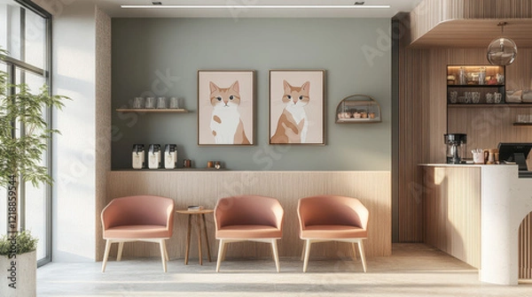 Fototapeta Cozy Cat Cafe Interior:  A modern and inviting cat cafe interior,  featuring a wall adorned with two minimalist art prints of adorable cats.