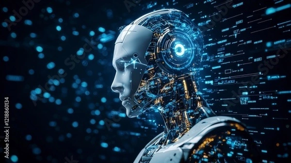 Fototapeta Futuristic Robot Head with Digital Effects and Blue Light Elements