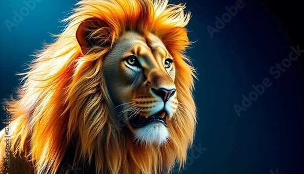 Fototapeta A powerful close up of a male lion with a glowing fiery mane against a shadowy background