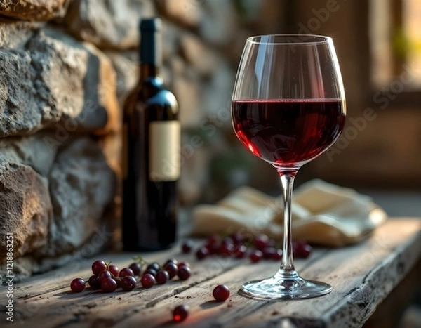 Obraz Rich red wine in a glass beside a bottle and scattered grapes highlights a cozy evening setting with stone wall and soft lighting. Generative AI