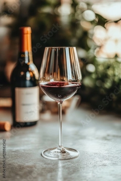 Fototapeta Elegant red wine glass with bottle and cork on a rustic table adorned with greenery in a dimly lit atmosphere. Generative AI