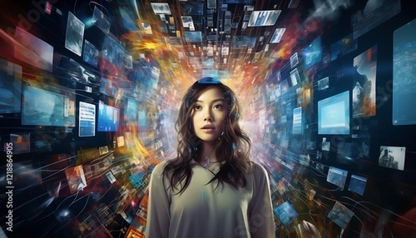Fototapeta A young woman surrounded by a vibrant digital matrix of images and screens, representing technology, innovation, and limitless information flow.