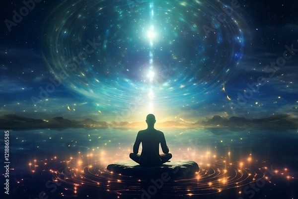 Fototapeta A meditative figure sits on a stone surrounded by glowing ripples, under a cosmic vortex of light and stars, evoking tranquility and spiritual connection.