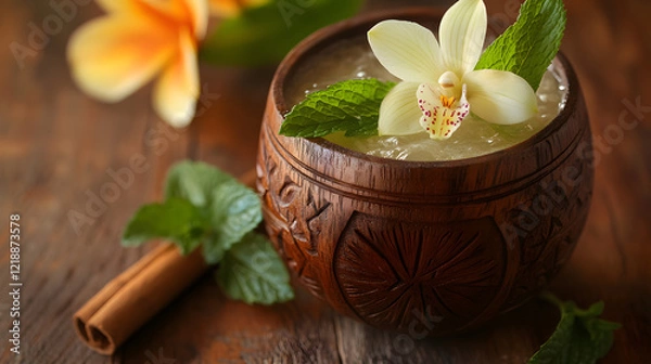 Fototapeta A tropical Mai Tai in a carved wooden cup with a sprig of fresh mint and an orchid bloom.