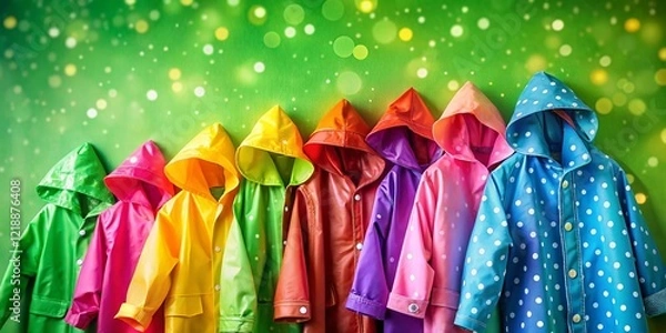 Fototapeta Child's Raincoats on Green Wall Bokeh Effect AI Photo