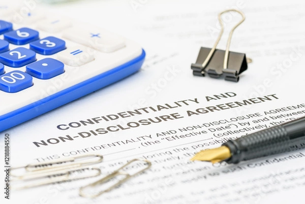 Fototapeta A close-up view of a confidentiality and non-disclosure agreement (NDA) document, with a calculator and a pen, symbolizing the importance of maintaining privacy and protecting sensitive information.