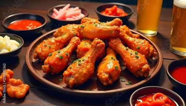 Fototapeta A large serving of Korean fried chicken wings and drumsticks with spicy sauce