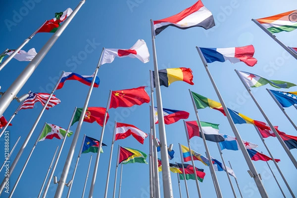 Fototapeta The Flag Plaza, displays 119 flags from countries with authorized diplomatic missions, including flags of the European Union, the United Nation and the GCC.