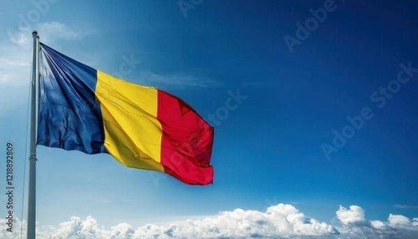 Fototapeta Waving proudly against a backdrop of clear blue sky, the Romanian flag flutters on a pole, symbolizing national identity and unity. This vibrant display represents the spirit of the country