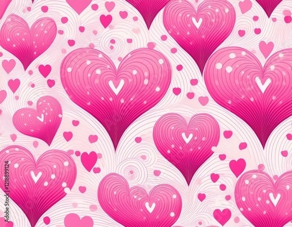 Fototapeta Pink white background with hearts and dots, seamless pattern, vector drawing wide horizontal