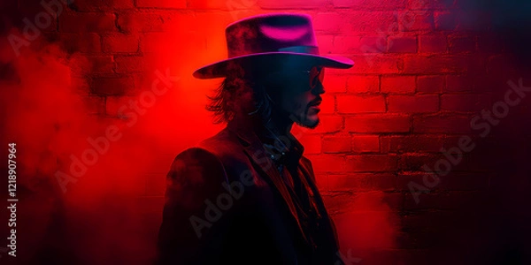 Fototapeta Mysterious figure in a dark setting with smoke and dramatic light effects during a late evening event