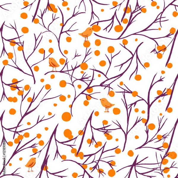 Obraz Seamless vector pattern with branches and quirky birds