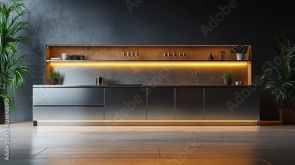 Obraz Inviting and Lively Kitchen Space Featuring a Large Lush Green Plant in the Corner Creating a Harmonious Atmosphere with Warm Light and Cozy Decor Ideal for Culinary Creativity and Relaxation