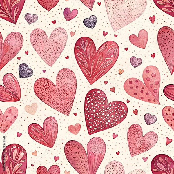 Fototapeta A whimsical pattern of various pink hearts on a light background, perfect for Valentine"s Day or romantic themes.