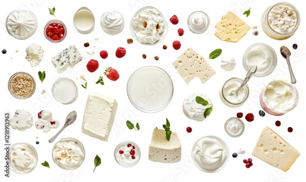 Fototapeta Isolated Assorted Dairy Products Flat Lay