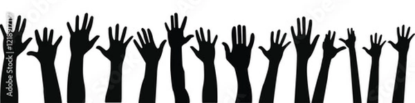 Fototapeta people raising hand silhouettes. People raising hand at the concert. row of hands reaching up in the air Silhouette. The hands are all different shapes and sizes.
