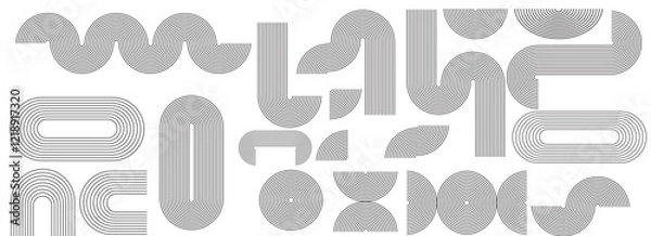 Fototapeta Geometric Abstraction, A Collection of Minimalist Line Patterns, Featuring Curved Arcs, Concentric Circles and Streamlined Rectangles on a White Background,
