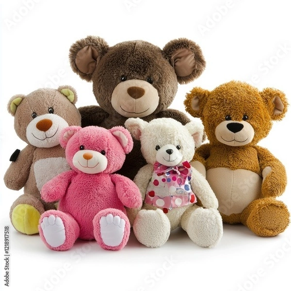 Obraz Five plush teddy bears, studio shot, white background, gift idea