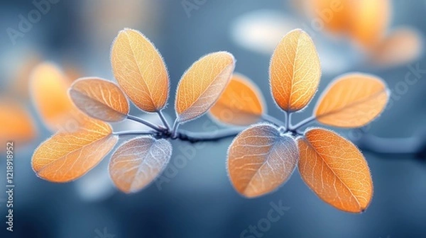Fototapeta Autumn leaves, frost, branch, nature, bokeh, background, wallpaper
