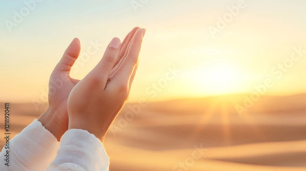 Fototapeta A symbolic image of hands lifted towards the glowing horizon in a tranquil desert setting, representing faith, prayer, and new beginnings, good for religious or motivational visuals. Selective focus