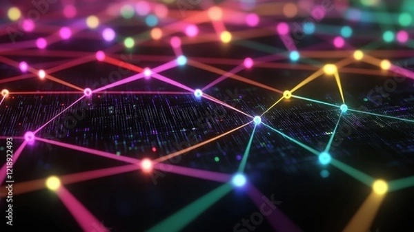Fototapeta Dynamic interlinked neon nodes digital space abstract art futuristic environment aerial view connectivity concept