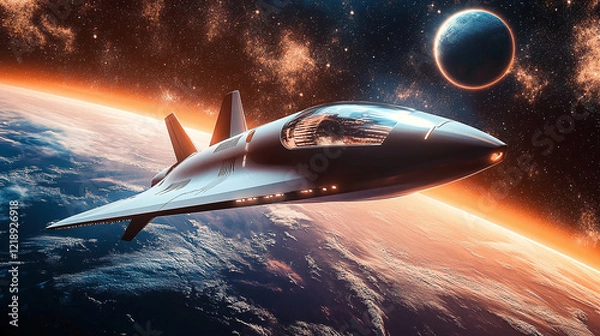Fototapeta A futuristic spaceship flying near Earth, with a glowing horizon and a backdrop of stars, symbolizing exploration, innovation, and the wonders of space travel.