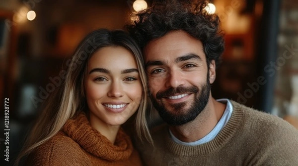 Fototapeta Couple enjoying a cozy moment in a warm cafe during autumn with soft lighting and casual attire