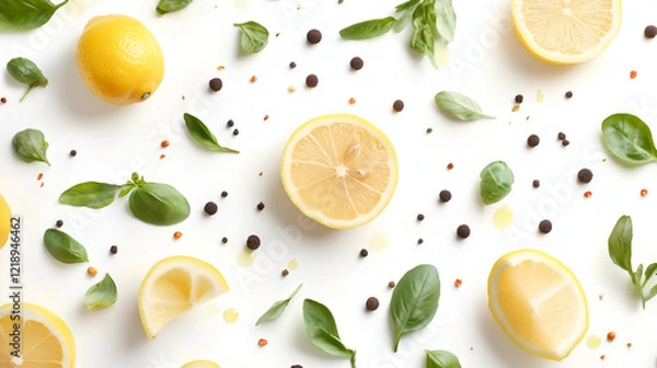 Fototapeta Lemon and herbs background with white marble copy space, Pattern with aromatic herbs and spices on white background ,Pattern with aromatic herbs and spices on white background 