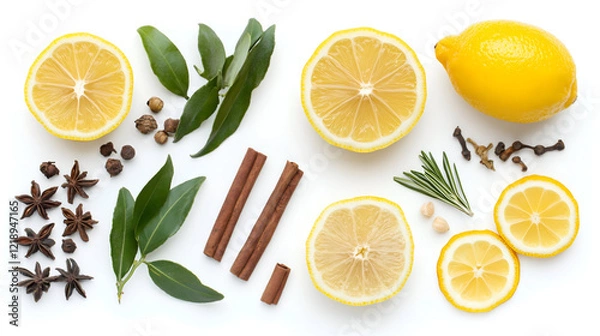 Fototapeta Lemon and herbs background with white marble copy space, Pattern with aromatic herbs and spices on white background ,Pattern with aromatic herbs and spices on white background 