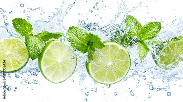 Fototapeta Lime, mint and water splash  , Cutted lime with leaves in water splashes isolated on white background,water drops on lemon and limes 