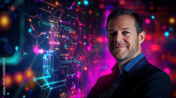 Fototapeta A confident man in professional attire standing against a vibrant digital background with illuminated circuits and neon-colored light trails, representing technology and innovation