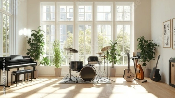 Fototapeta A bright music room with an electronic drum set, digital piano, and large windows offering plenty of natural light