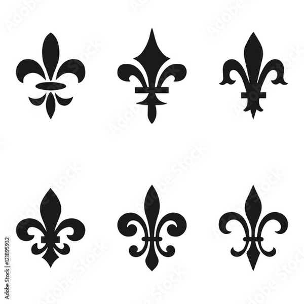 Fototapeta Collection of fleur de lis symbols, black silhouettes - heraldic symbols. Vector Illustration. Medieval signs. Glowing french fleur de lis royal lily. Elegant decoration symbols.