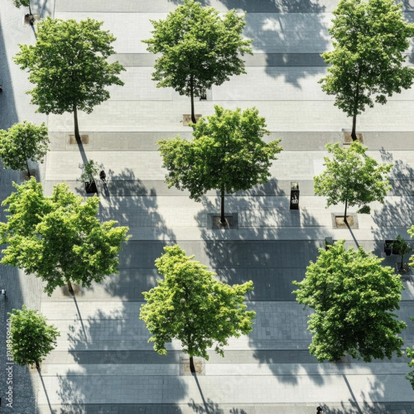 Fototapeta Geometric Patterns of Trees and Shadows on a Paved Urban Landscape from Above