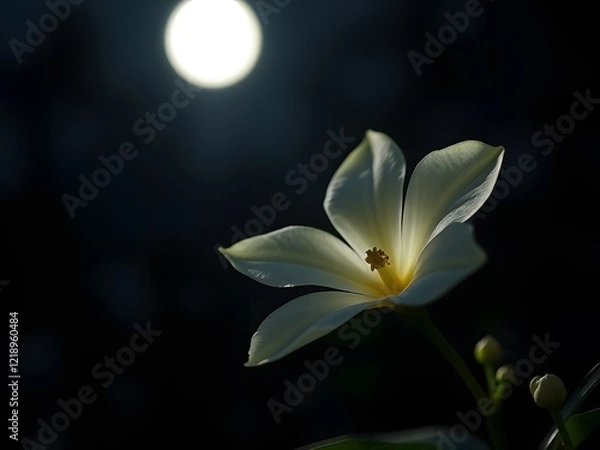 Fototapeta "Jasmine Flower Glowing Under Moonlight with White Petals in Sharp Focus Against Blurred Dark Background"