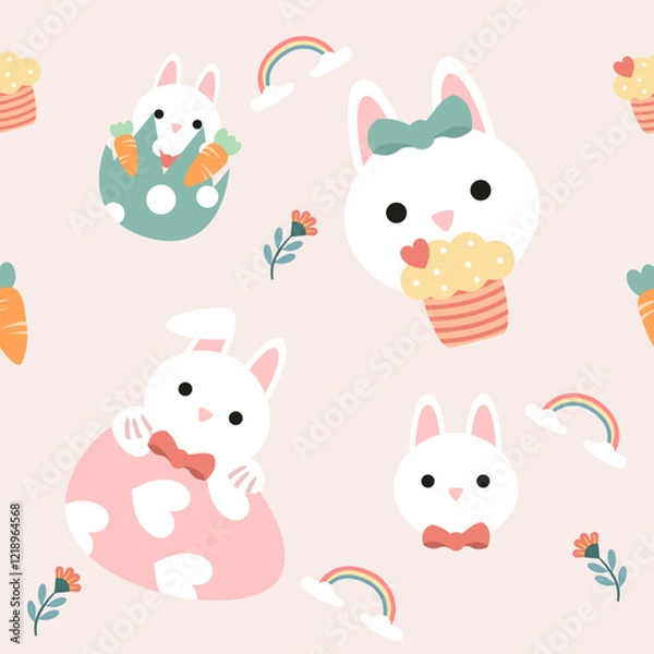 Fototapeta Seamless pattern cute easter rabbits with eggs and flowers, color pastel.