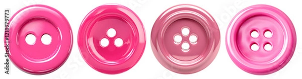 Fototapeta  A close-up view of four glossy pink buttons, each with four holes, showcasing various shades of pink. These stylish buttons are perfect for adding a vibrant touch to any sewing or fashion project.