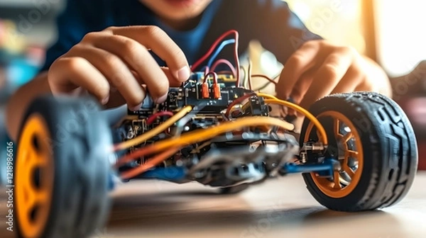 Obraz Child's hands expertly working on a RC car, showcasing intricate wiring and electronics.  A close-up shot emphasizing detail and focus on the process of repair or modification.