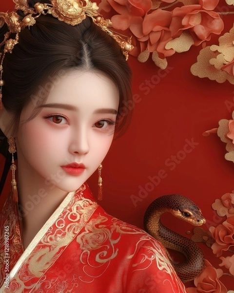 Fototapeta Lunar New Year Woman with Snake and Gold Accents in Festive Setting