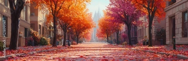 Fototapeta Autumnal City Street Scene With Colorful Trees and Falling Leaves